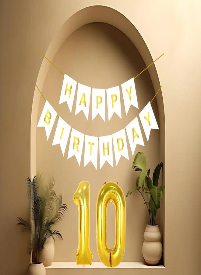 Flyloons 10th White Colour Happy Birthday Banner Decoration Kit for 10 year Old Boys Girls Kids | with Number Ten | 13 Pcs Reusable Cardstock Happy Birthday Paper Banner